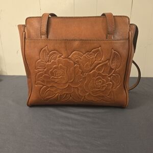 Patricia Nash Brown Leather Flower Zip Shoulder Bag Medium